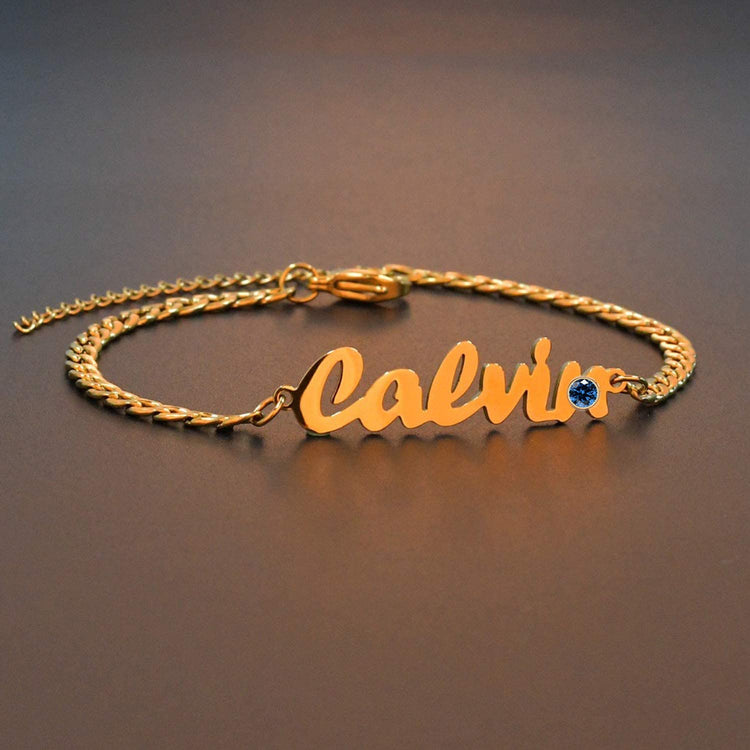 925 Sterling Silver Name Anklet Bracelet With Birthstone In Curb Chain