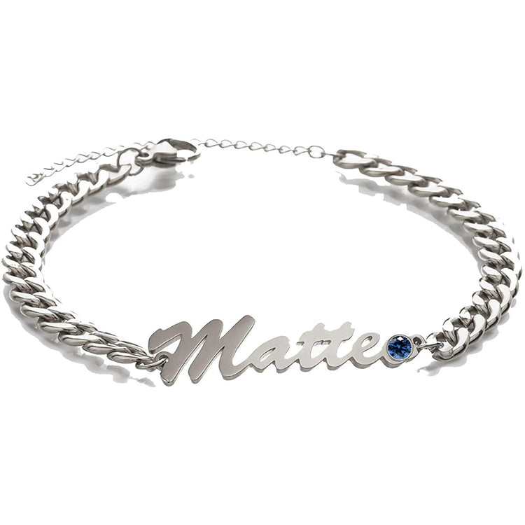 925 Sterling Silver Name Anklet Bracelet With Birthstone In Curb Chain
