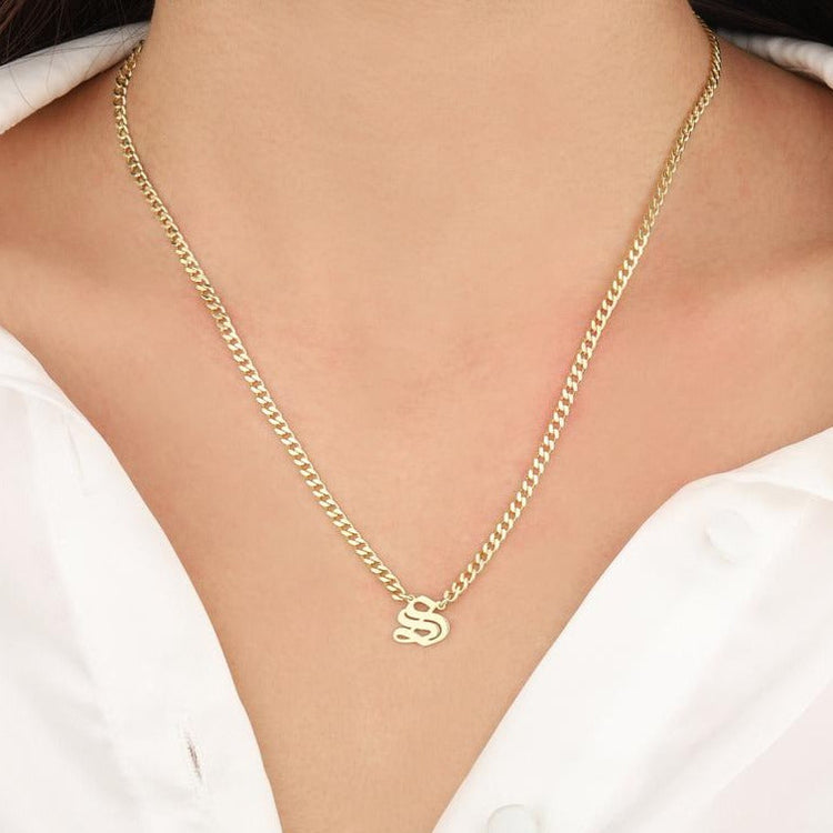 925 Sterling Silver Old English Initial Necklace In Curb Chain
