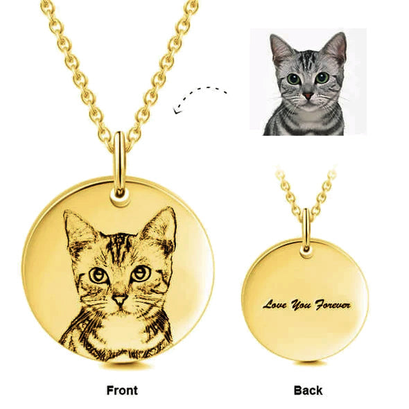 925 Sterling Silver Personalized Pet Round Photo Engraved Necklace Gift for Cat Lovers