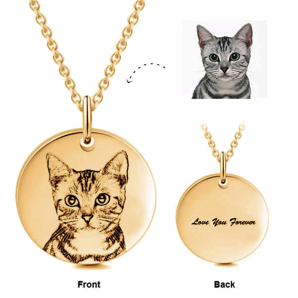 925 Sterling Silver Personalized Pet Round Photo Engraved Necklace Gift for Cat Lovers