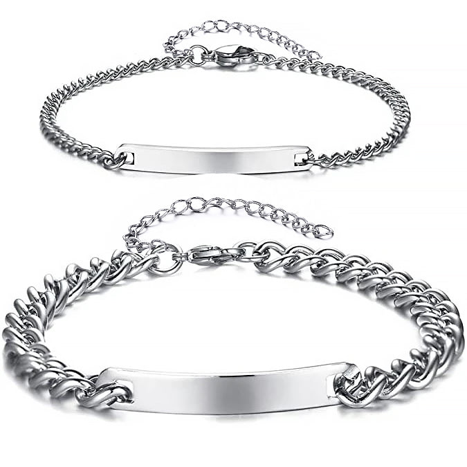 925 Sterling Silver Engraving Nameplate Couple Bracelet Set