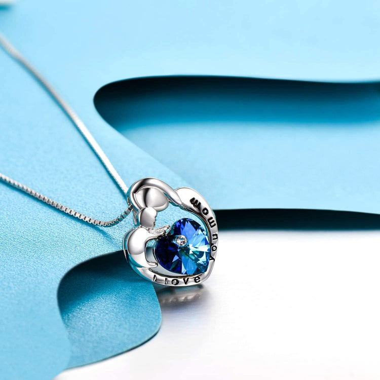 925 Sterling Silver I Love You Mom Mom And Child Heart Crystal Pendant Necklace