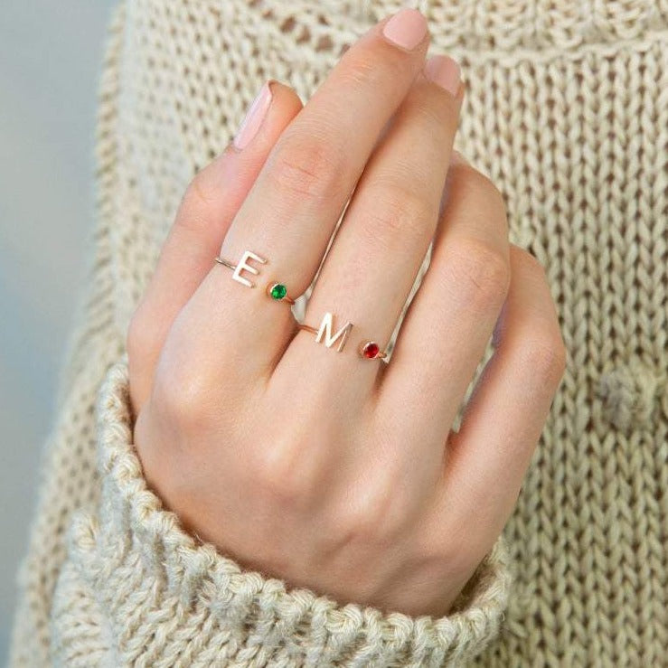 925 Sterling Silver Personalized Uppercase Letter Name Ring Nameplate Ring Birthstone Ring - onlyone