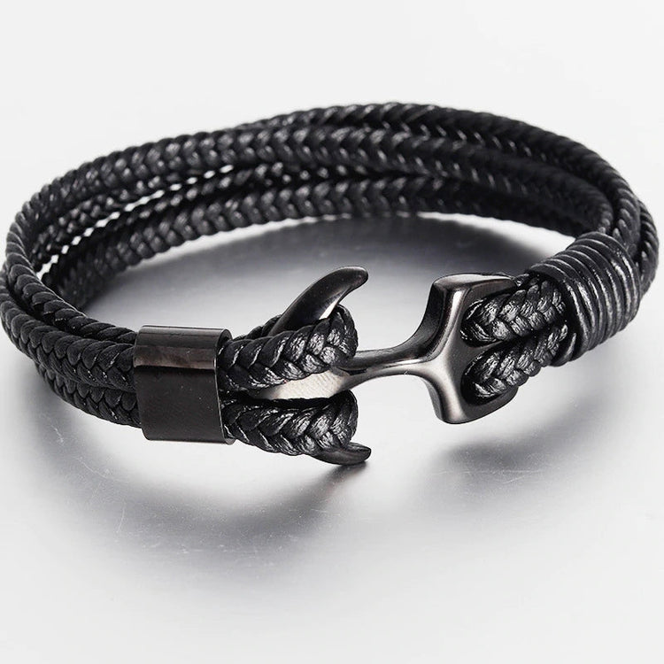 High Quality Men's Titanium Steel Bracelet Black Personality Leather Woven Anchor Leather Bracelet Rope Bracelet For Men Gift - onlyone