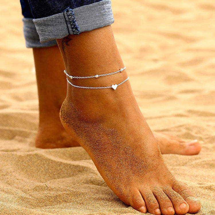 925 Sterling Silver Double Layer Heart Anklet Set - onlyone