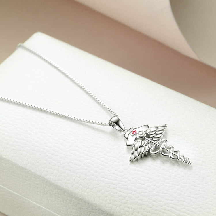 925 Sterling Silver Nurse Necklace Caduceus Angel Nursing Themed Pendant Necklace for Women Girls - onlyone