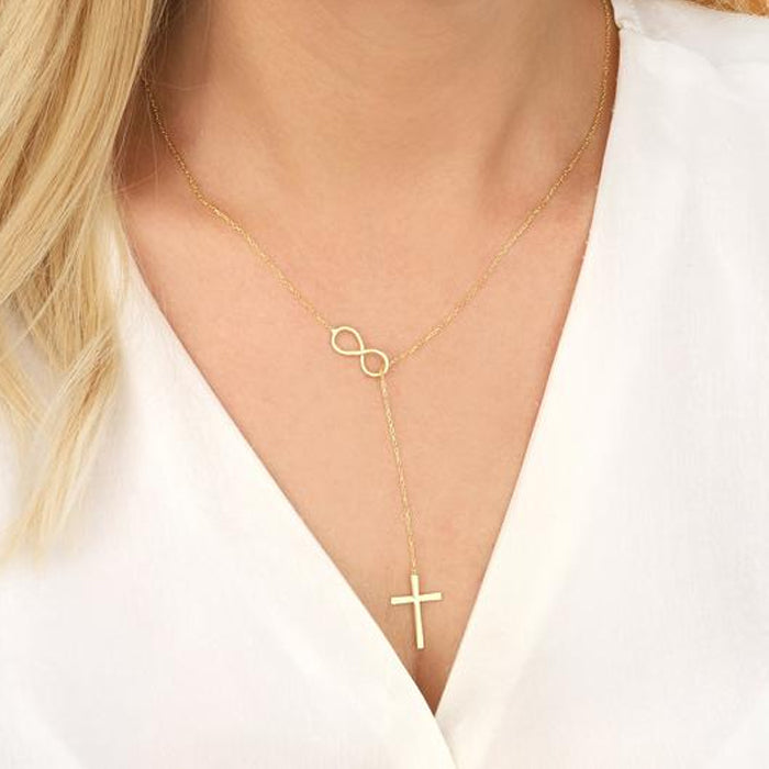 925 Sterling Silver Infinity Cross Vertical Lariat Necklace
