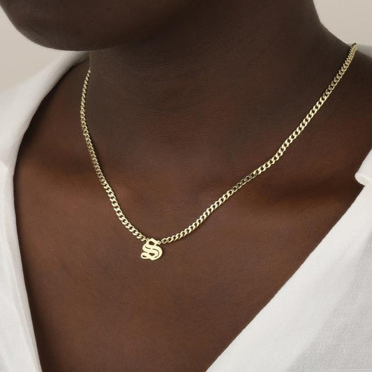 925 Sterling Silver Old English Initial Necklace In Curb Chain
