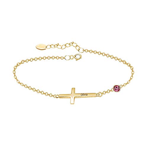 925 Sterling Silver Cross Personalized Custom Name Birthstone Bracelet - onlyone