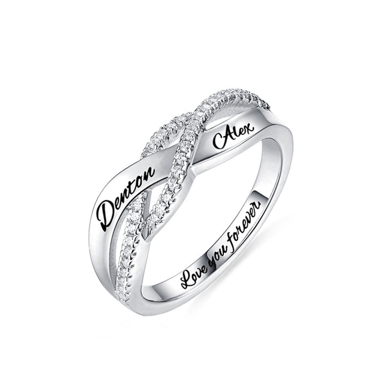 925 Sterling Silver Personalized Two Names Engraved Ring With Paved Zirconia