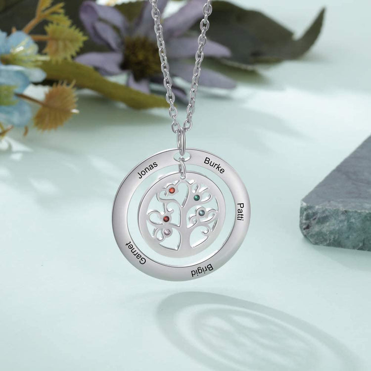 925 Sterling Silver Multi-Name Family Tree Necklace With Birthstone