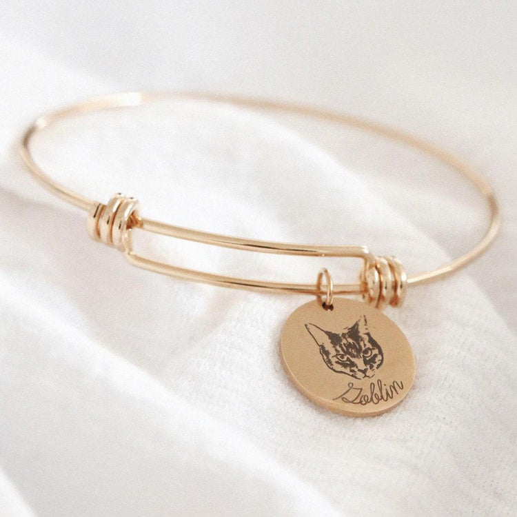 925 Sterling Silver Custom Pet Portrait Adjustable Bangle Round Photo Bangle