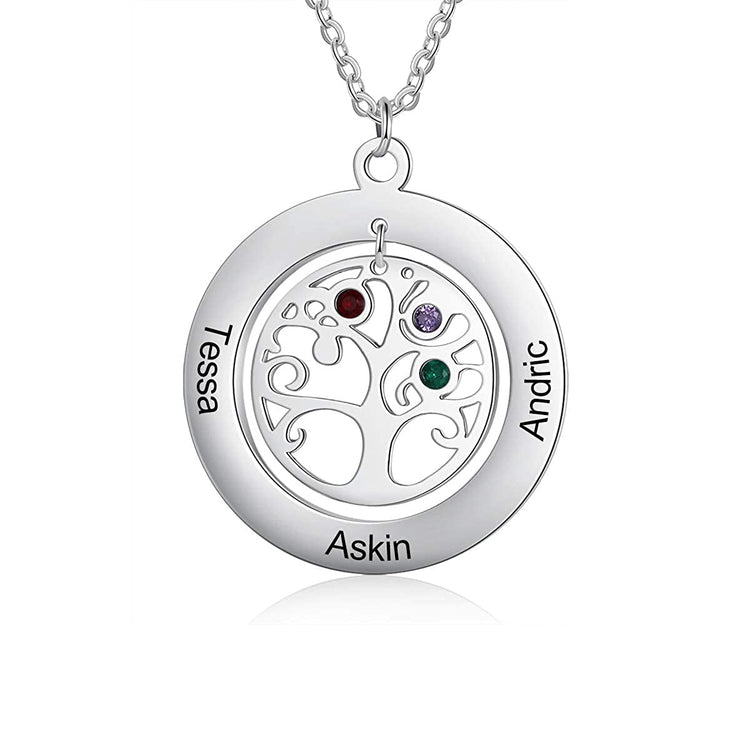 925 Sterling Silver Multi-Name Family Tree Necklace With Birthstone