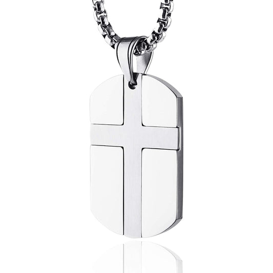 Stainless Steel Cross Dog Tag Pendant Necklace Strength Bible Verse, Father's Day Gift - onlyone