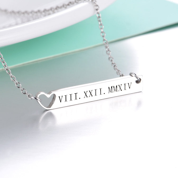 925 Sterling Silver Special Date Roman Numerals Engraved Bar Necklace With Hollow Heart - onlyone