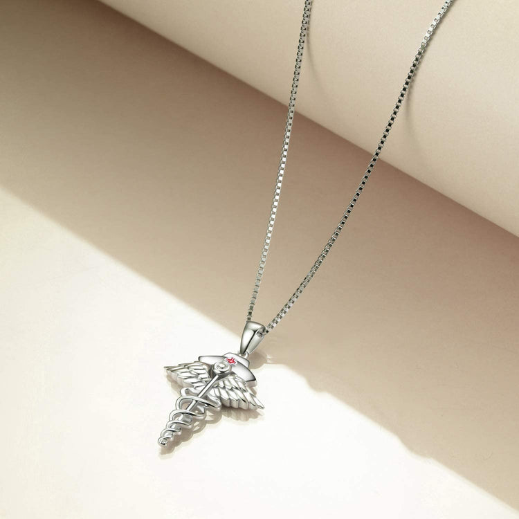 925 Sterling Silver Nurse Necklace Caduceus Angel Nursing Themed Pendant Necklace for Women Girls - onlyone