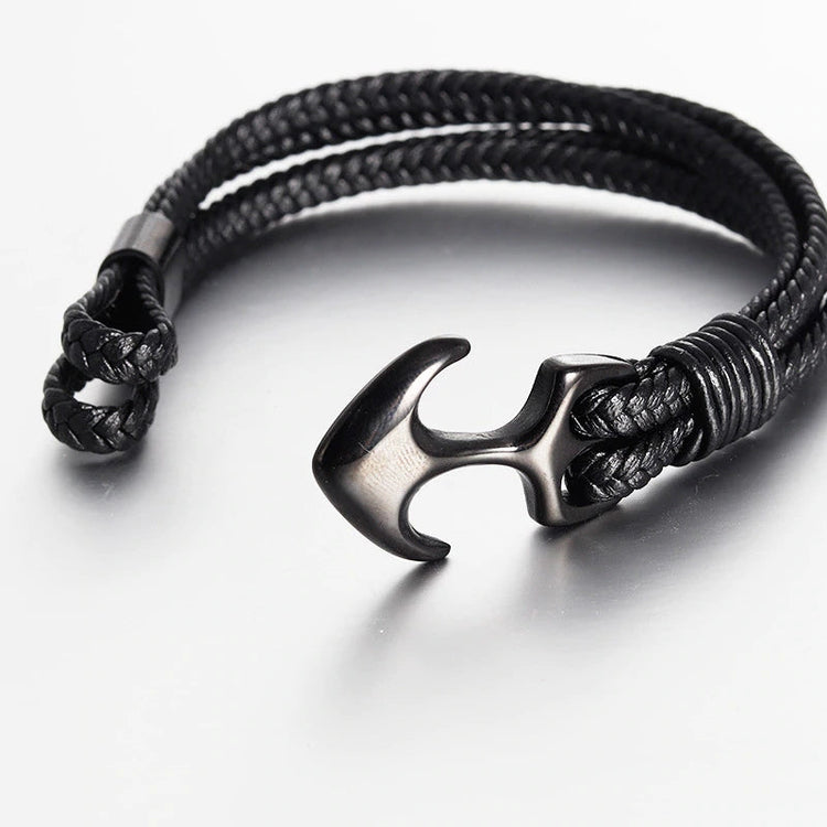 High Quality Men's Titanium Steel Bracelet Black Personality Leather Woven Anchor Leather Bracelet Rope Bracelet For Men Gift - onlyone