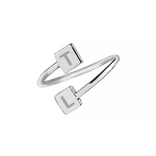 925 Sterling Silver Personalized Geometric Square Spiral Big Block Capital Letter Initial Engraved Ring