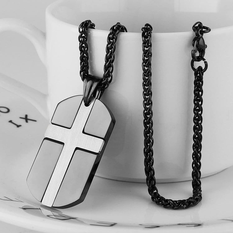 Stainless Steel Cross Dog Tag Pendant Necklace Strength Bible Verse, Father's Day Gift - onlyone