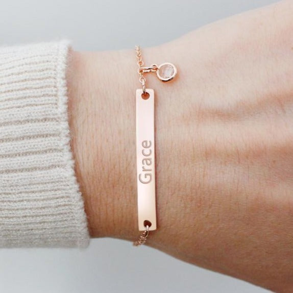 Sterling Silver Customized Name Bar Bracelet With Birthstone Gift For Her Bridesmaid Bracelet Nameplate Bracelet - onlyone