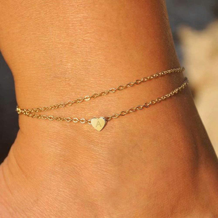 925 Sterling Silver Heart Initial Ankle Double Layered Anklet - onlyone