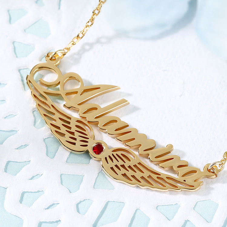 925 Sterling Silver Angel Wings Name Necklace Nameplate Necklace With Birthstone - onlyone