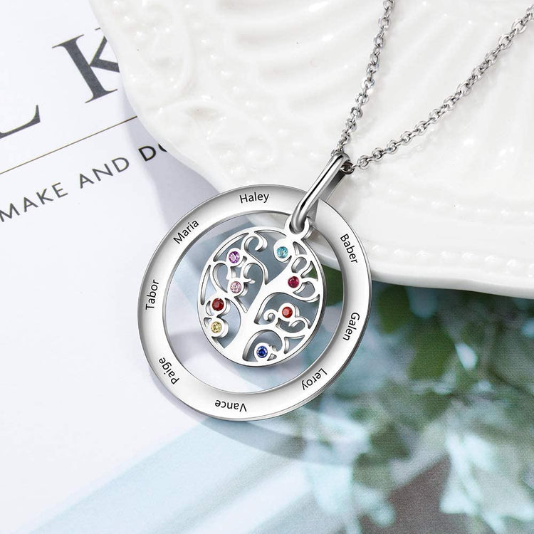 925 Sterling Silver Multi-Name Family Tree Necklace With Birthstone