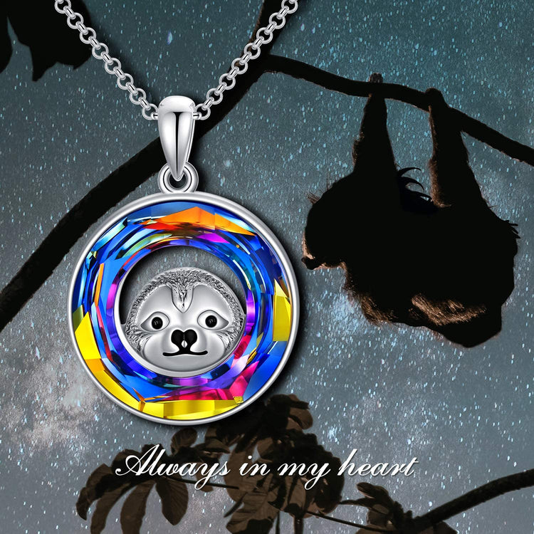 925 Sterling Silver Sloth Circle Necklace Pendant With Swarovski Crystals - onlyone