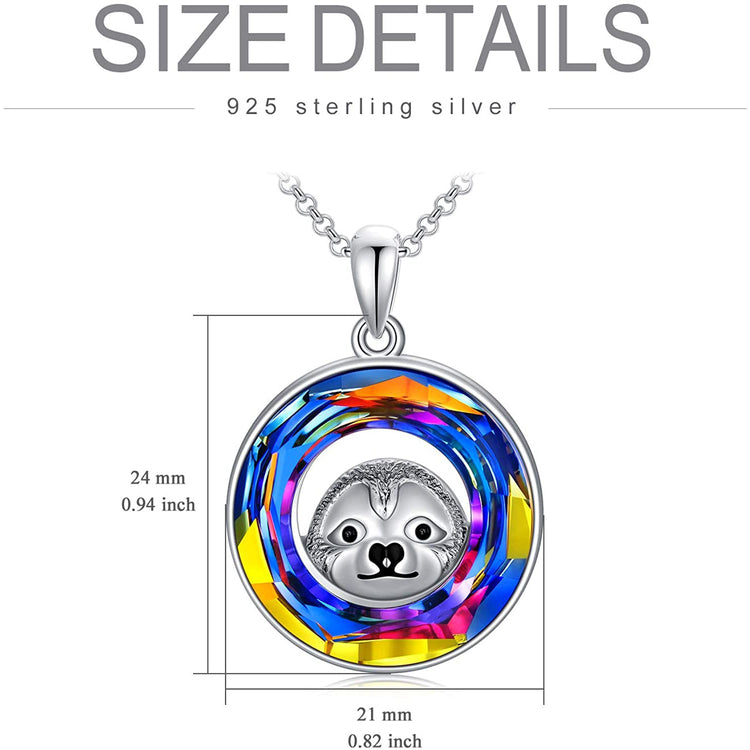 925 Sterling Silver Sloth Circle Necklace Pendant With Swarovski Crystals - onlyone