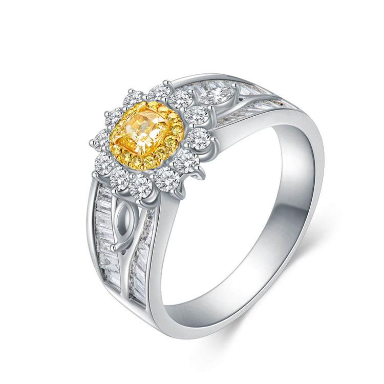 18K Flower Halo Cushion Yellow Diamond Ring