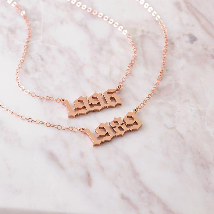 925 Sterling Silver Old English Font Number Necklace, Dainty Year Necklace - onlyone