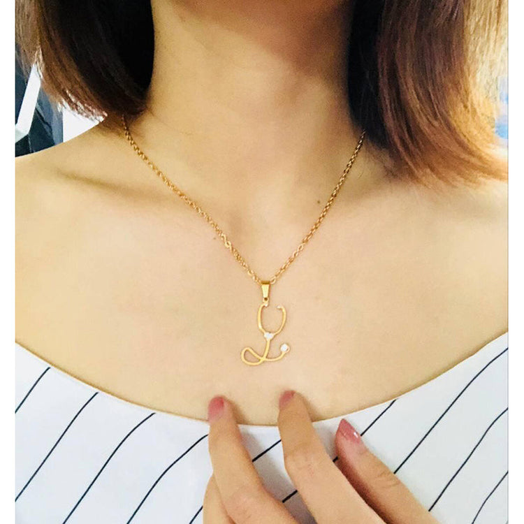 925 Sterling Silver White Angel Golden Stethoscope Necklace Pendant - onlyone