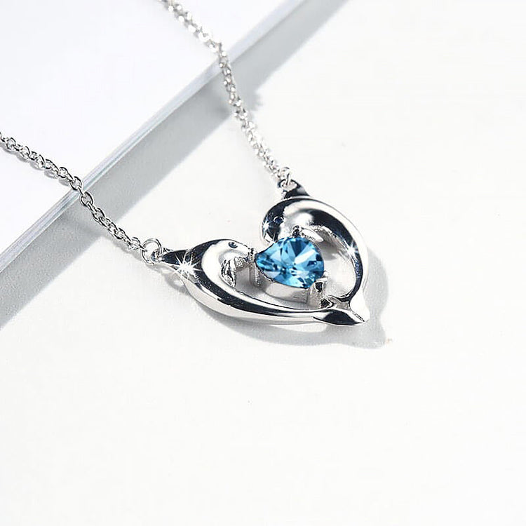 925 Sterling Silver Blue Crystal Dolphin Heart Necklace - onlyone
