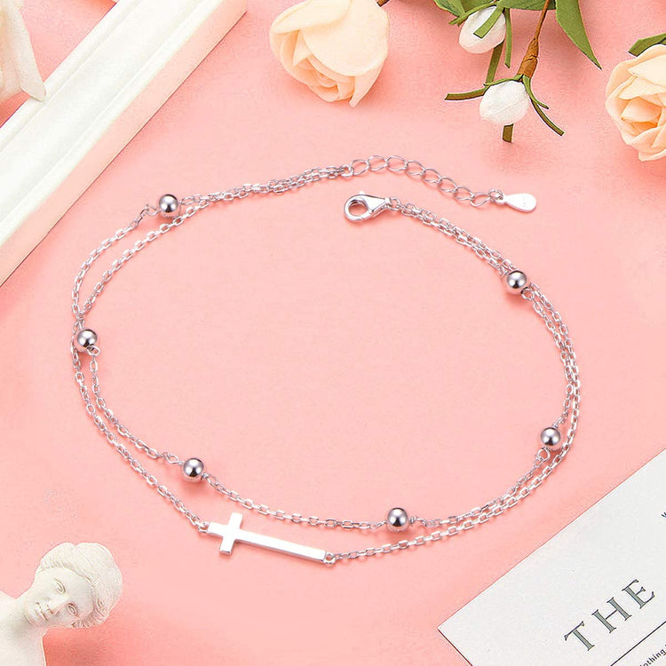 925 Sterling Silver Adjustable Foot Beaded Cross Charm Ankle - onlyone