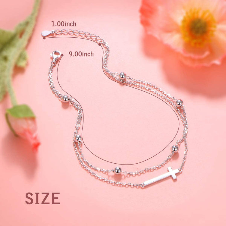 925 Sterling Silver Adjustable Foot Beaded Cross Charm Ankle - onlyone