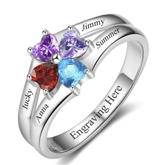 925 Sterling Silver Custom Engraved Four Names Ring With Four Birthstones Personalized - onlyone