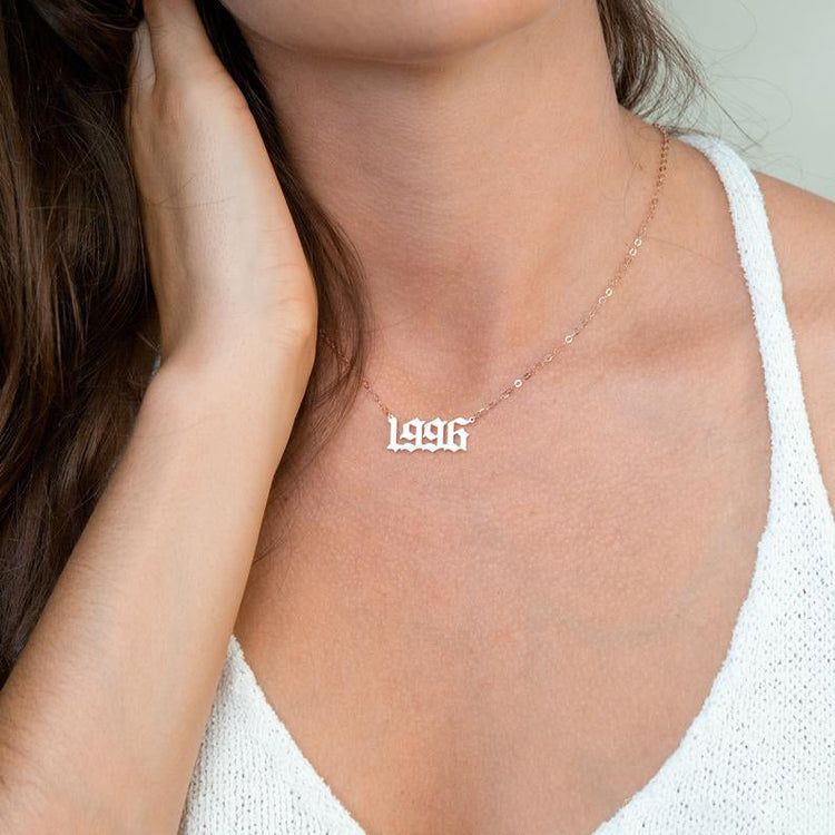 925 Sterling Silver Old English Font Number Necklace, Dainty Year Necklace - onlyone