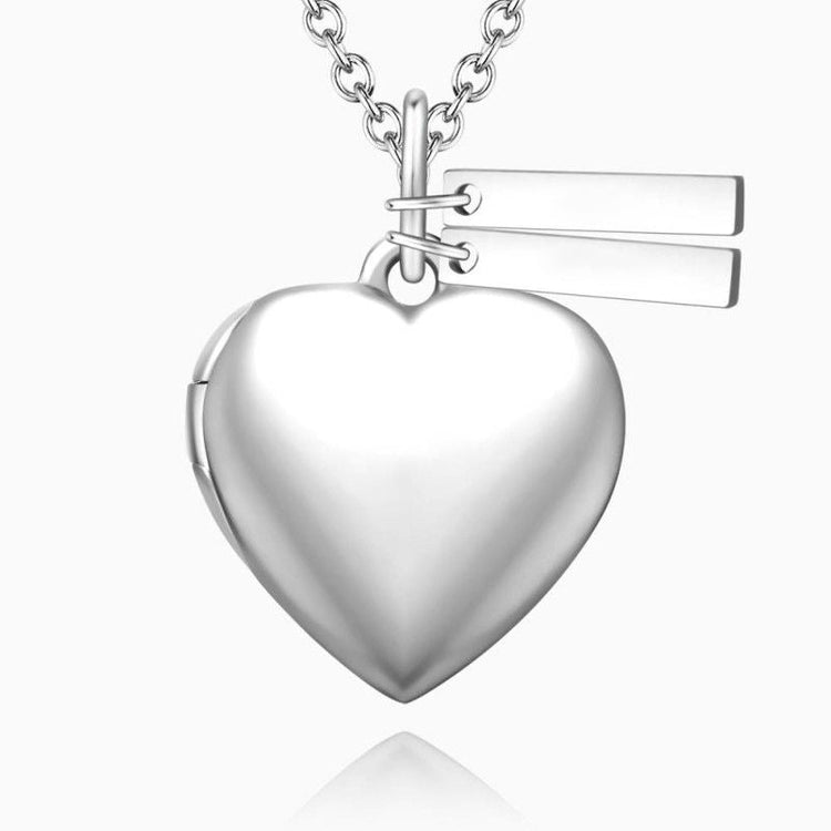 925 Sterling Silver Heart Photo Locket Necklace With Two Engraved Bars - onlyone
