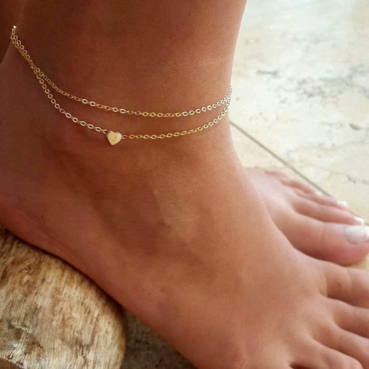 925 Sterling Silver Heart Initial Ankle Double Layered Anklet - onlyone