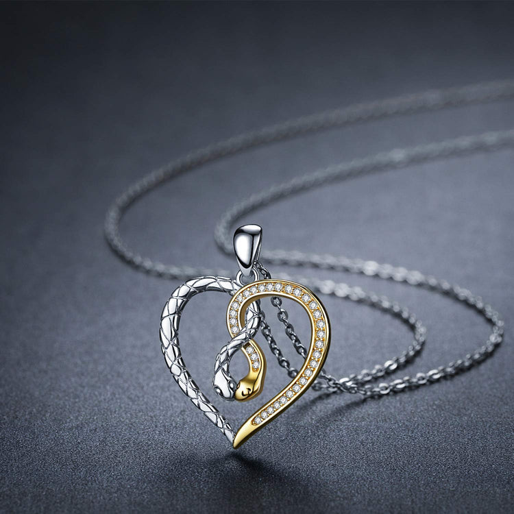925 Sterling Silver Silver-Gold Snake Necklace Heart Pendant Necklace