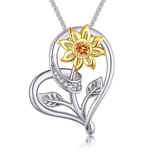 925 Sterling Silver Sunflower and Heart Pendant Necklace - onlyone