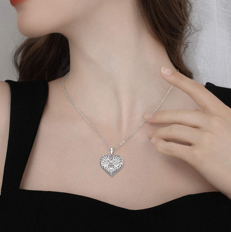 925 Sterling Silver Guardian Angel Wings Heart Locket Necklace