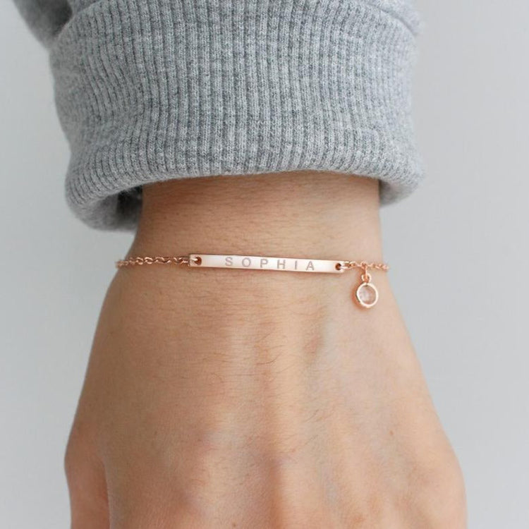 Sterling Silver Customized Name Bar Bracelet With Birthstone Gift For Her Bridesmaid Bracelet Nameplate Bracelet - onlyone