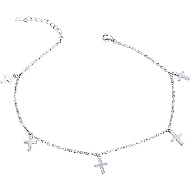 925 Sterling Silver Adjustable Cross Pendant Anklet - onlyone