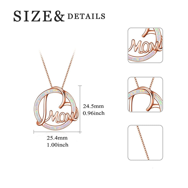 925 Sterling Silver Rose Gold Heart Mom Necklace With Simulated Opal