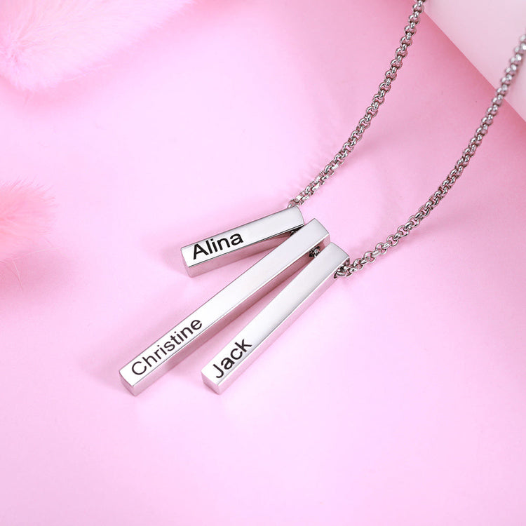 925 Sterling Silver Triple 3D Engraved Vertical Bar Necklace - onlyone