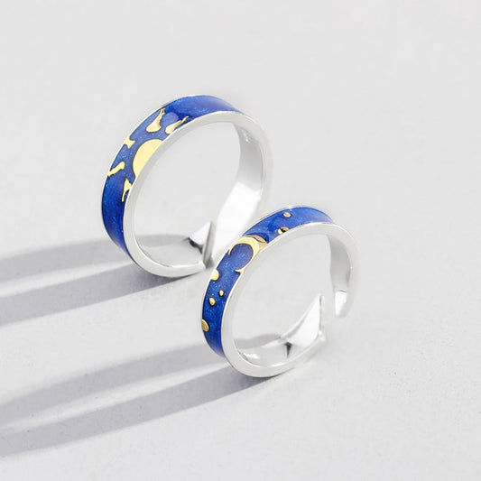 925 Sterling Silver Adjustable Sun and Moon Couple Rings Set