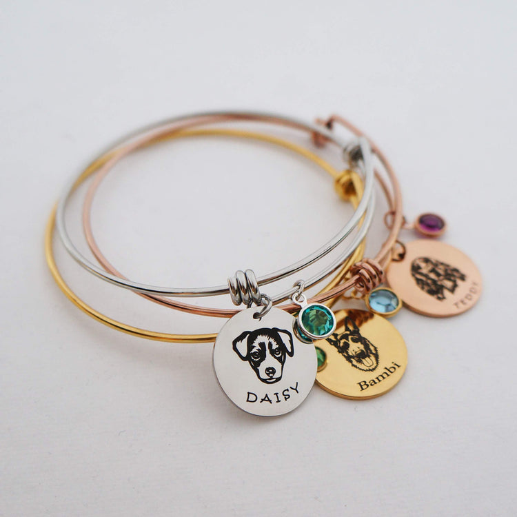 925 Sterling Silver Custom Pet Portrait Adjustable Bangle Round Photo Bangle