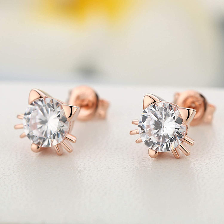 925 Sterling Silver Cute Cat Stud Earrings With 7mm Cubic Zirconia